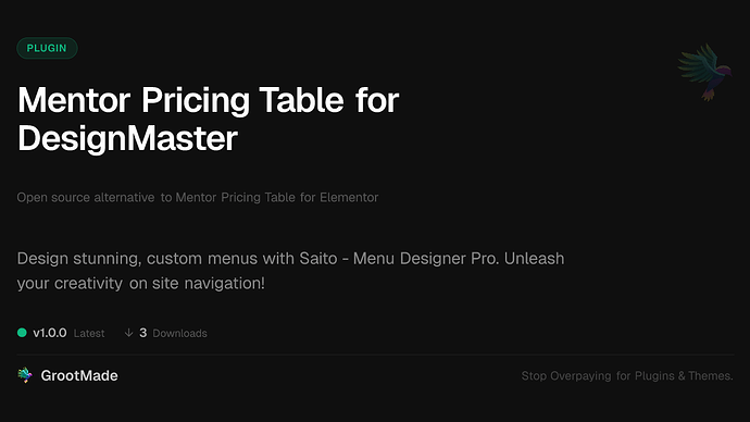 Mentor Pricing Table for DesignMaster