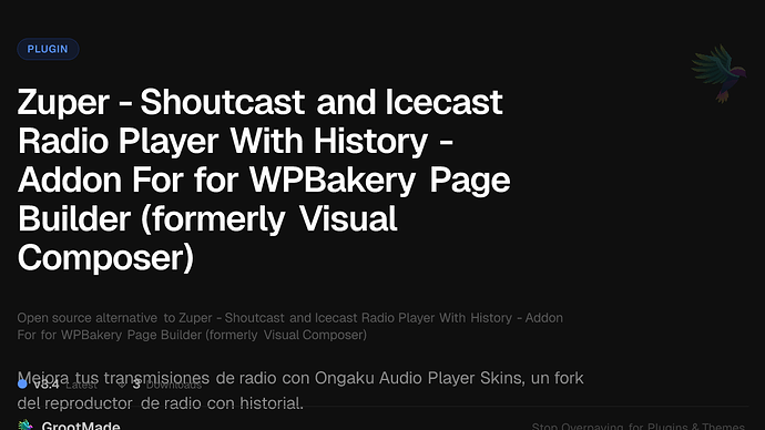 Zuper - Shoutcast and Icecast Radio Player With History - Addon For for WPBakery Page Builder (formerly Visual Composer)