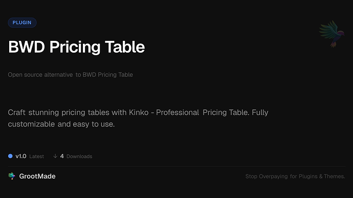 BWD Pricing Table