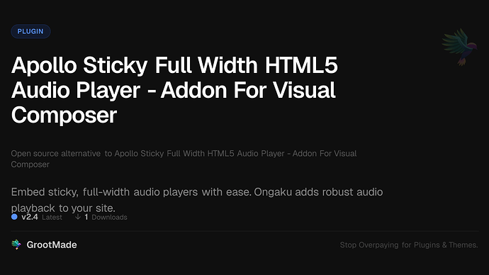 Apollo Sticky Full Width HTML5 Audio Player - Addon For Visual Composer